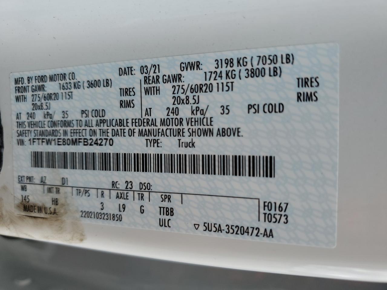 2020 Ford F150 Supercrew VIN: 1FTFW1E80MFB24270 Lot: 82210685