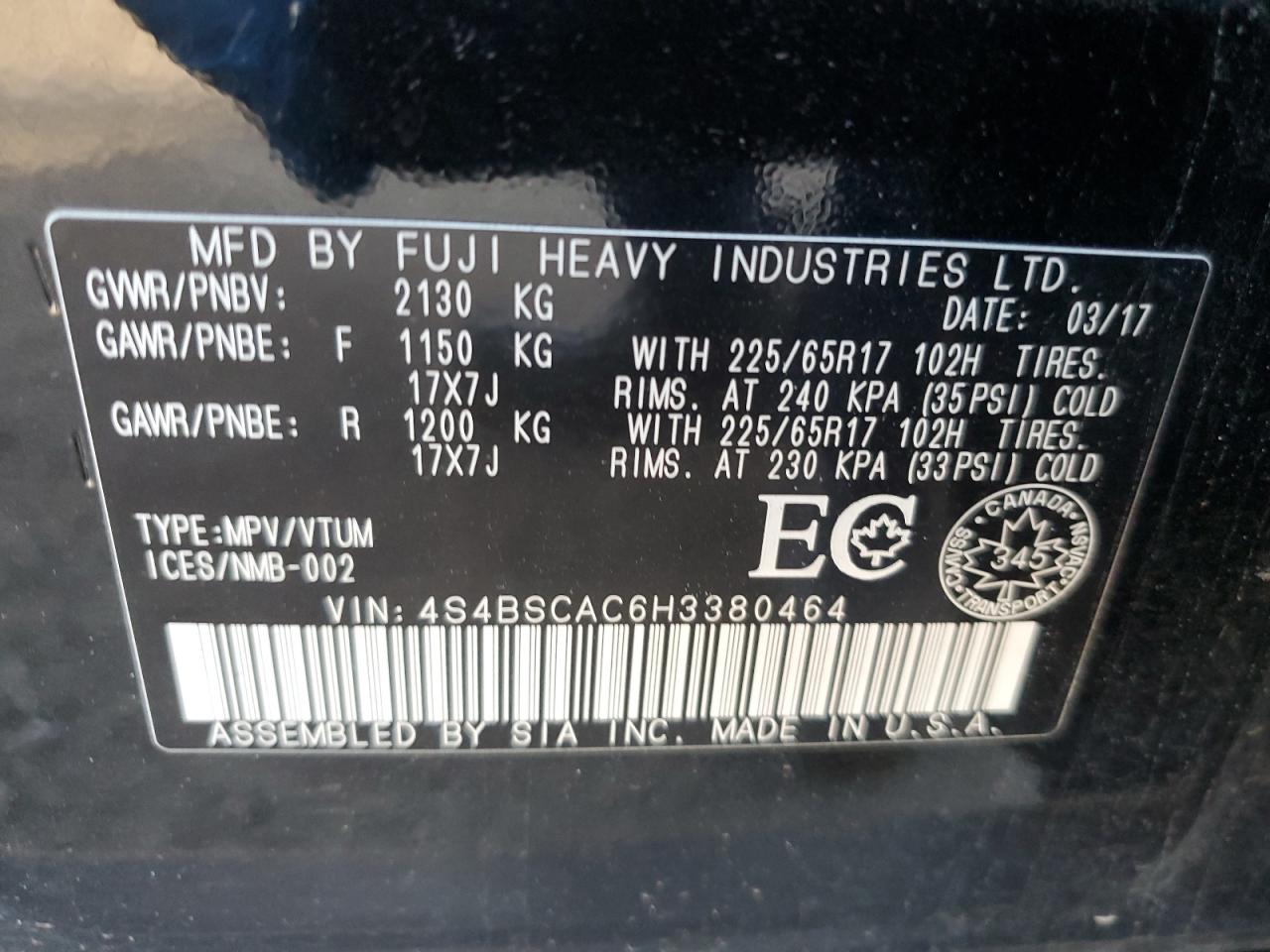 2017 Subaru Outback 2.5I VIN: 4S4BSCAC6H3380464 Lot: 84779835