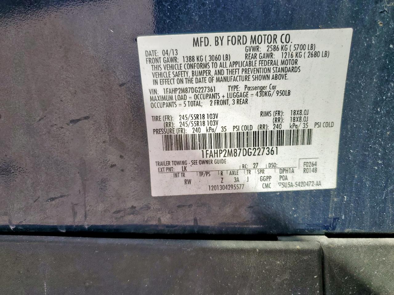 2013 Ford Taurus Police Interceptor VIN: 1FAHP2M87DG227361 Lot: 84993445