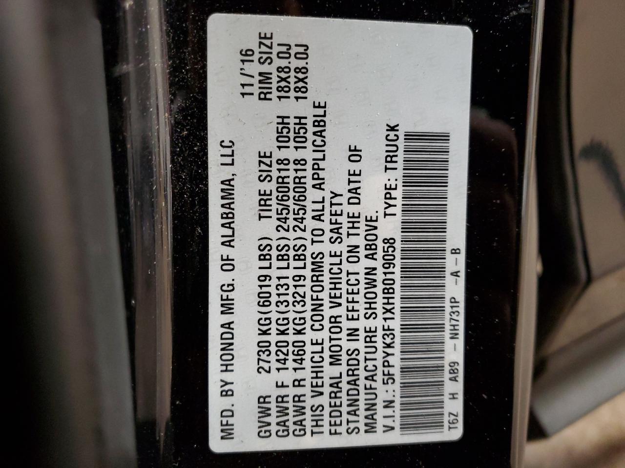 2017 Honda Ridgeline Sport VIN: 5FPYK3F1XHB019058 Lot: 85290285