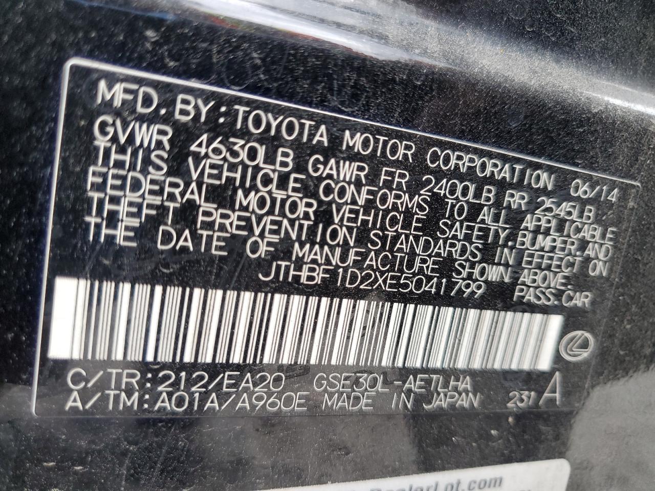 2014 Lexus Is 250 VIN: JTHBF1D2XE5041799 Lot: 82315365