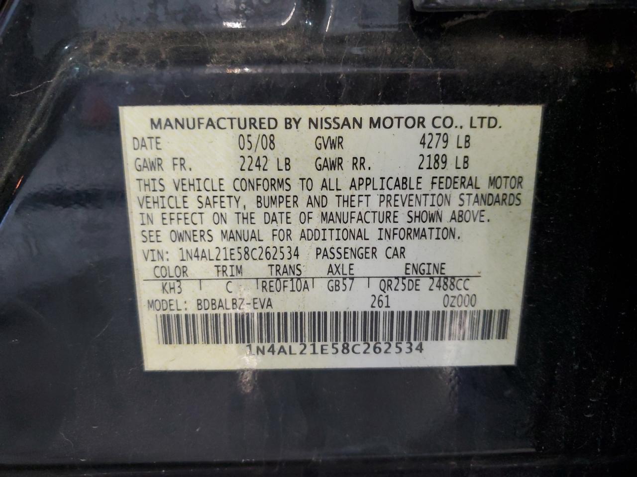 2008 Nissan Altima 2.5 VIN: 1N4AL21E58C262534 Lot: 84651385