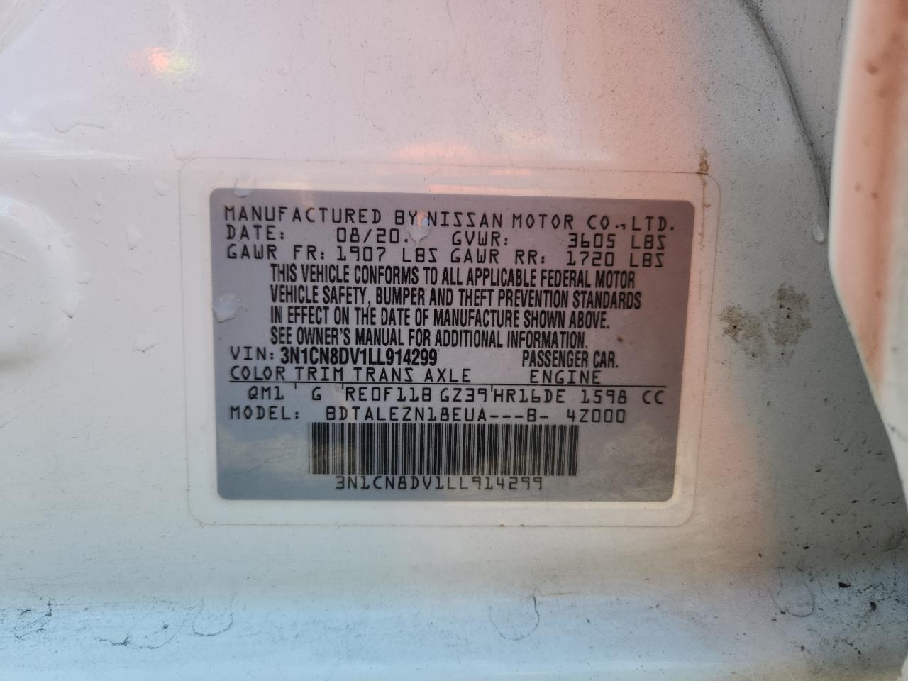 2020 Nissan Versa S VIN: 3N1CN8DV1LL914299 Lot: 85720655