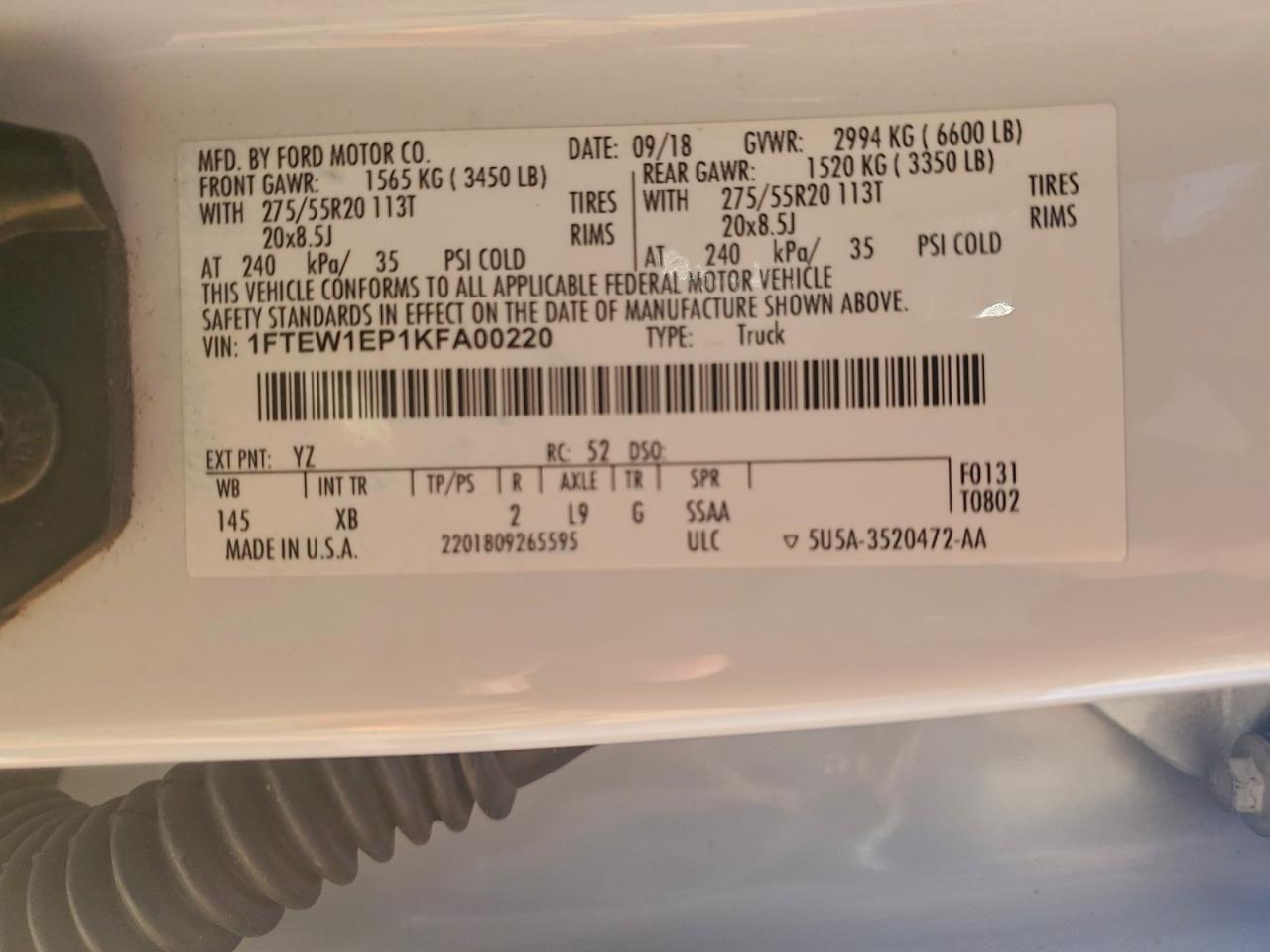 2019 Ford F150 Supercrew VIN: 1FTEW1EP1KFA00220 Lot: 91028515