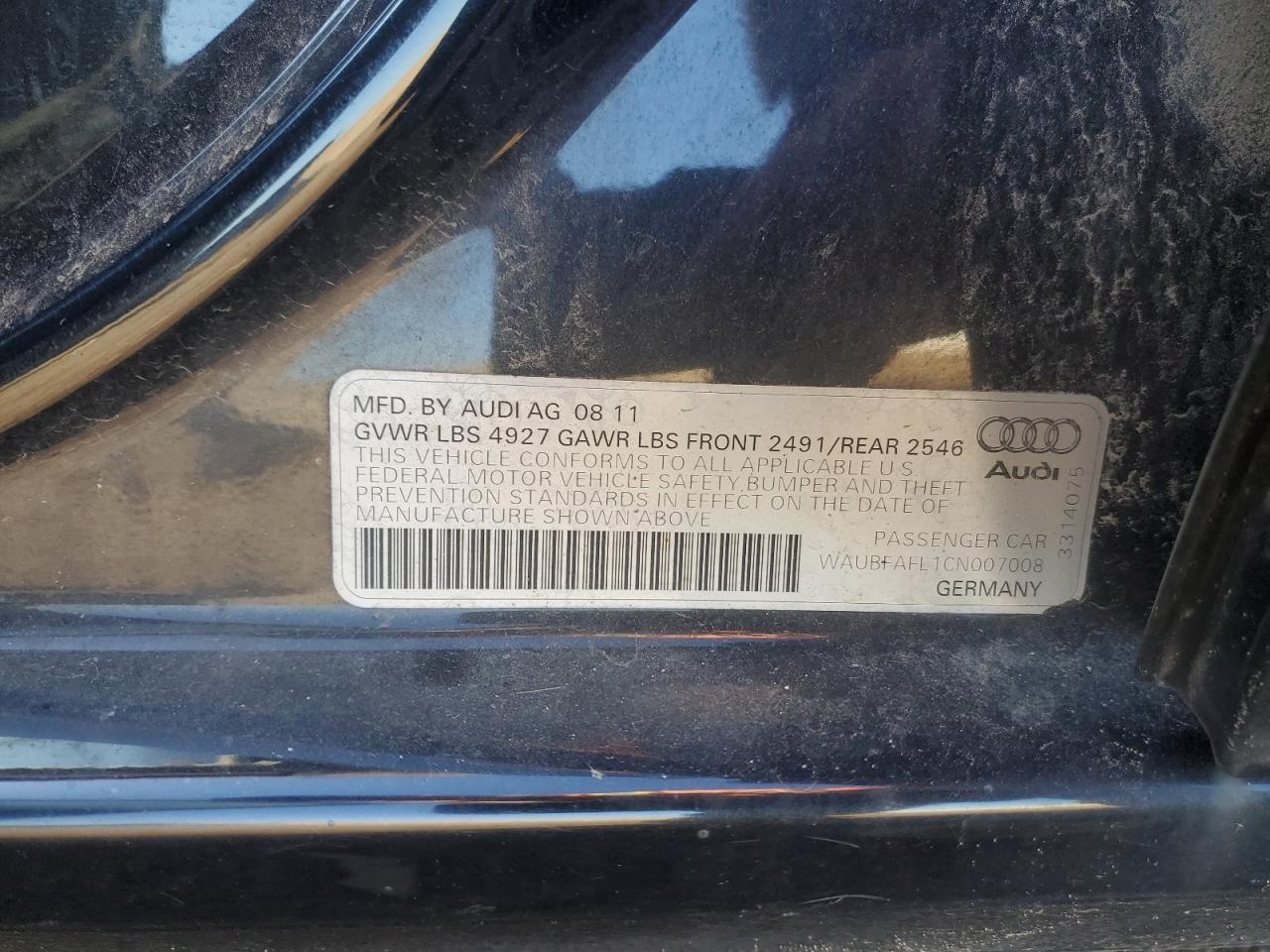 2012 Audi A4 Premium VIN: WAUBFAFL1CN007008 Lot: 85533245