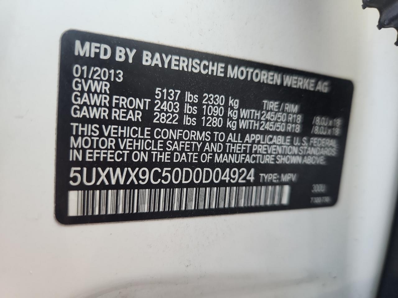 2013 BMW X3 xDrive28I VIN: 5UXWX9C50D0D04924 Lot: 87410645