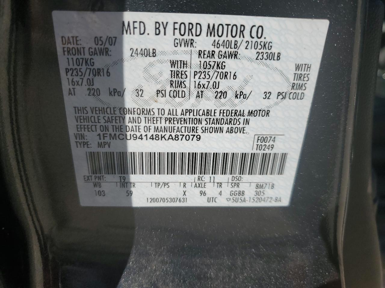 2008 Ford Escape Limited VIN: 1FMCU94148KA87079 Lot: 86170235