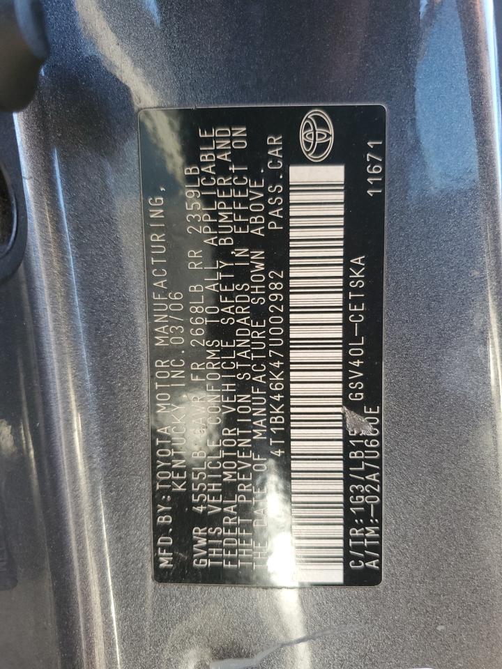 2007 Toyota Camry Le VIN: 4T1BK46K47U002982 Lot: 85378785