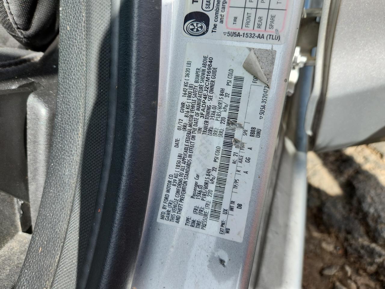 2012 Ford Fiesta Se VIN: 3FADP4EJ2CM169840 Lot: 85178645