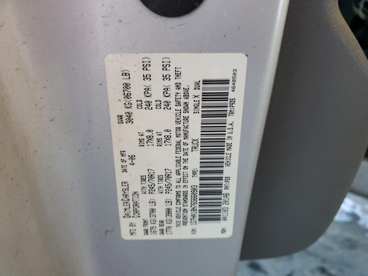 2006 Dodge Ram 1500 St VIN: 1D7HA18N76S660903 Lot: 86196075