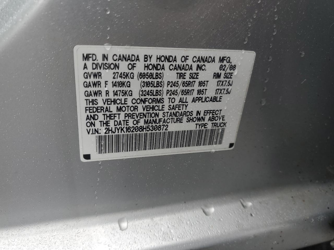 2008 Honda Ridgeline Rt VIN: 2HJYK16208H530872 Lot: 90133165