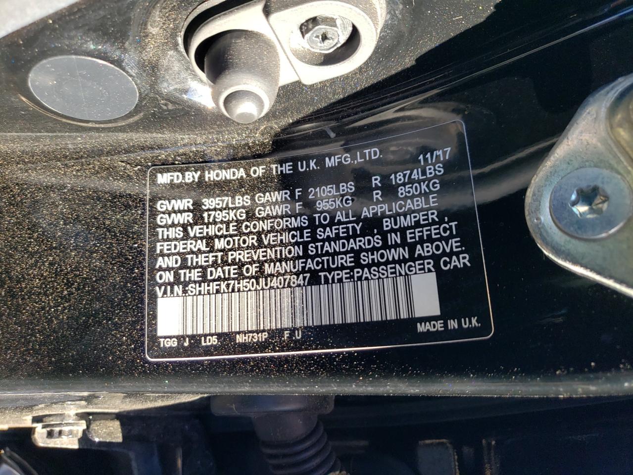 2018 Honda Civic Ex VIN: SHHFK7H50JU407847 Lot: 85494665