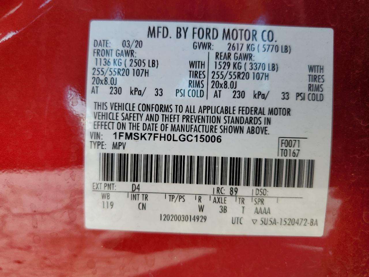 2020 Ford Explorer Limited VIN: 1FMSK7FH0LGC15006 Lot: 82371365