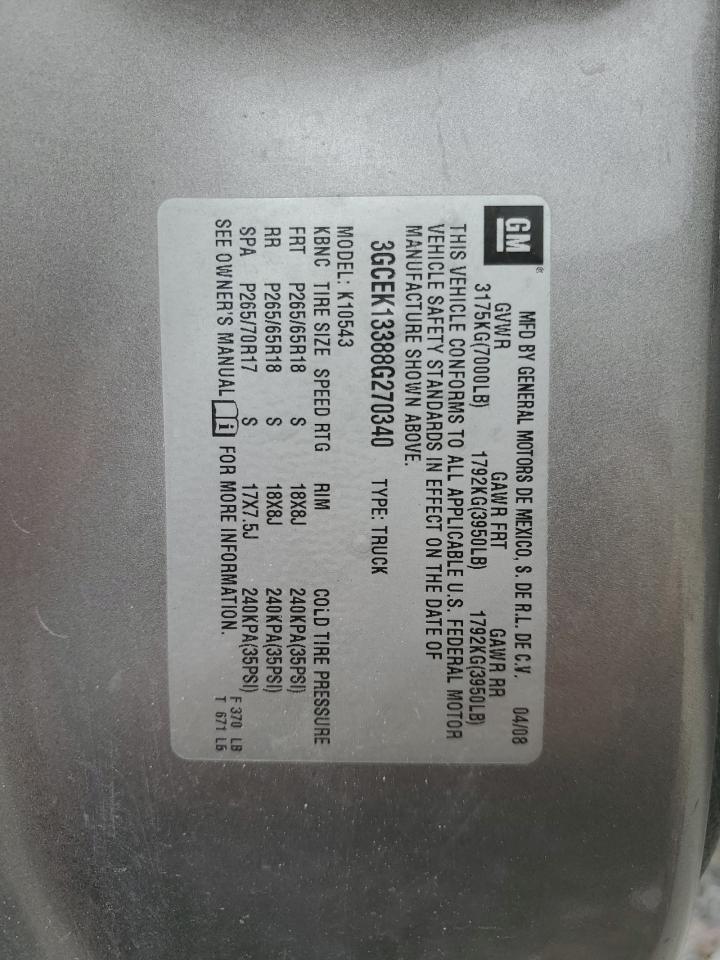 2008 Chevrolet Silverado K1500 VIN: 3GCEK13388G270340 Lot: 82263605