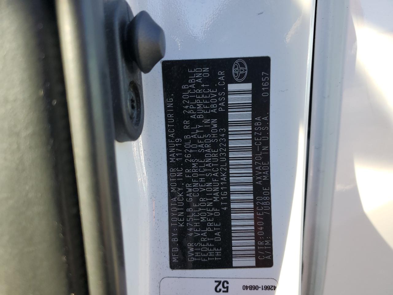 2020 Toyota Camry Se Nightshade Edition VIN: 4T1G11AK2LU322343 Lot: 43824266