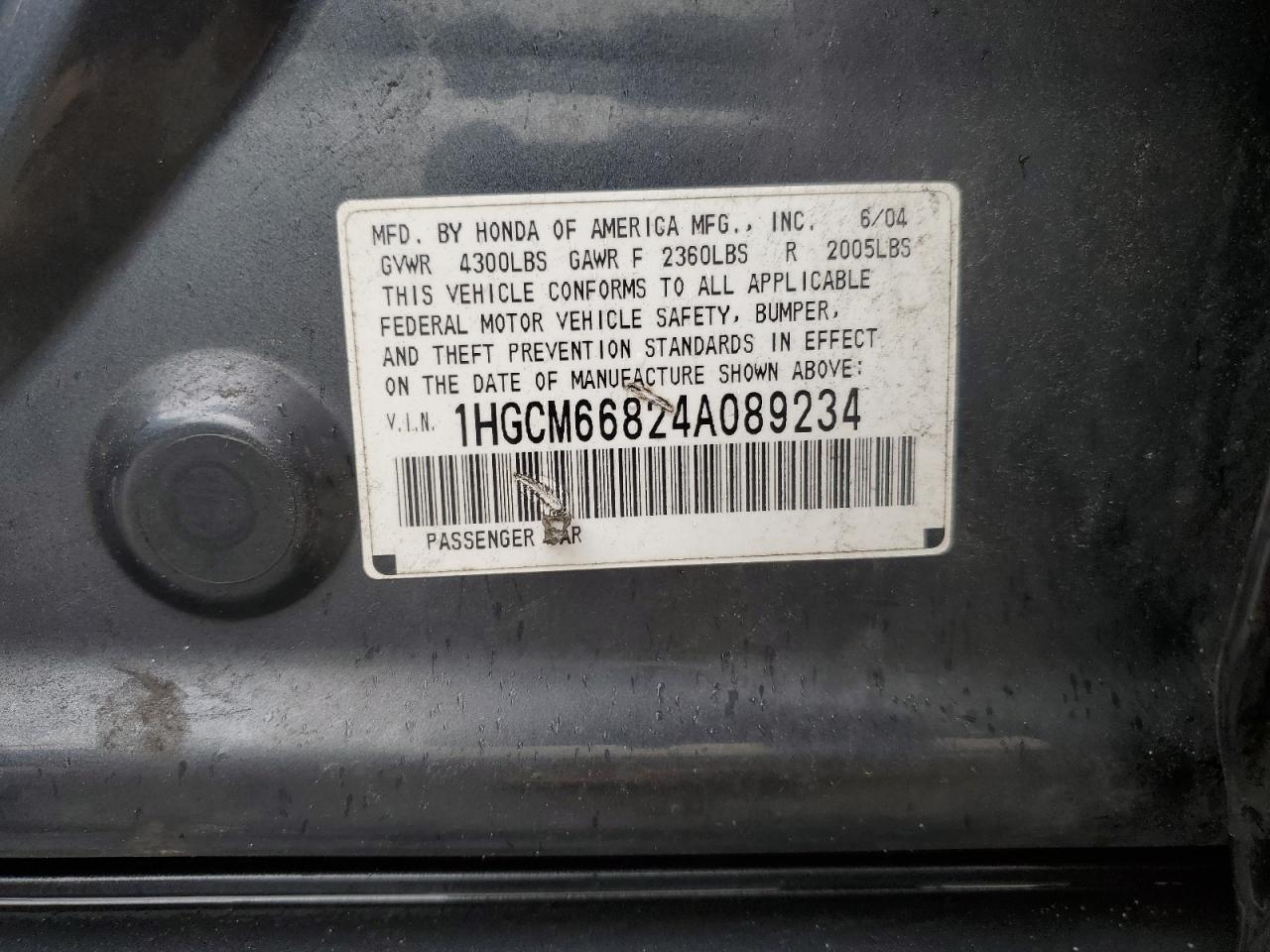 2004 Honda Accord Ex VIN: 1HGCM66824A089234 Lot: 85764735