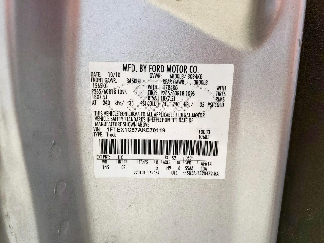 2010 Ford F150 Super Cab VIN: 1FTEX1C87AKE70119 Lot: 85476705