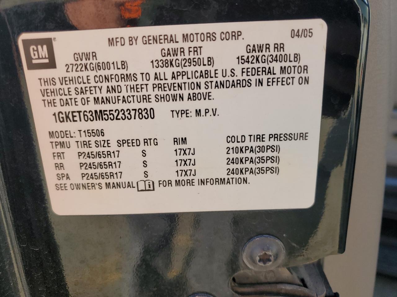 2005 GMC Envoy Denali VIN: 1GKET63M552337830 Lot: 86434635