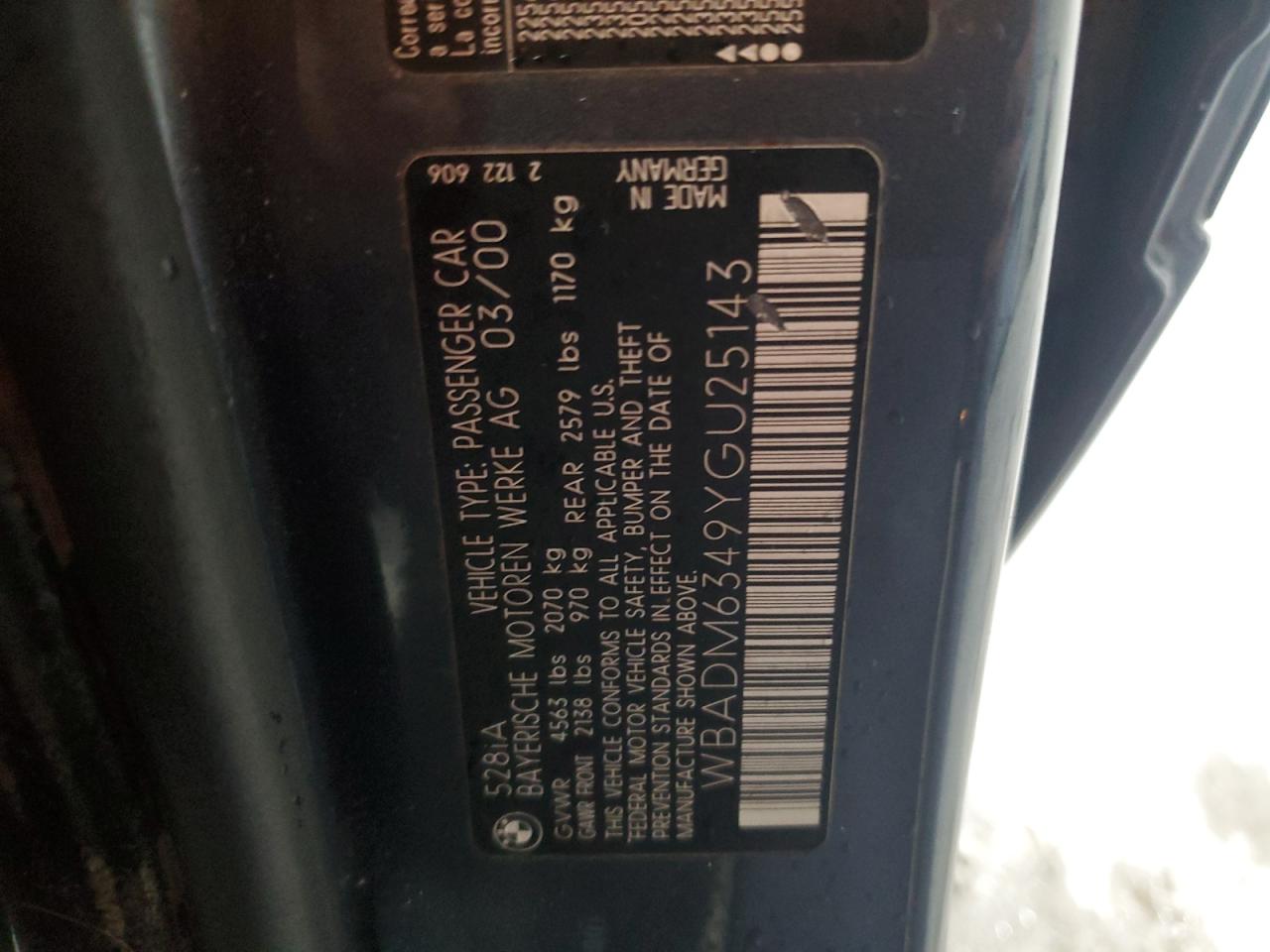 2000 BMW 528 I Automatic VIN: WBADM6349YGU25143 Lot: 90637955