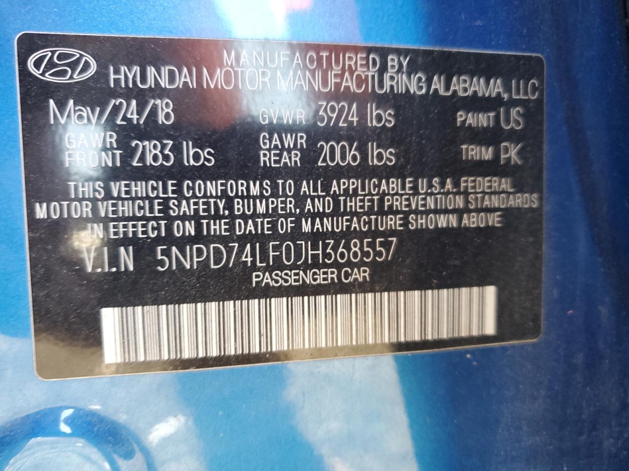 2018 Hyundai Elantra Se VIN: 5NPD74LF0JH368557 Lot: 85325275