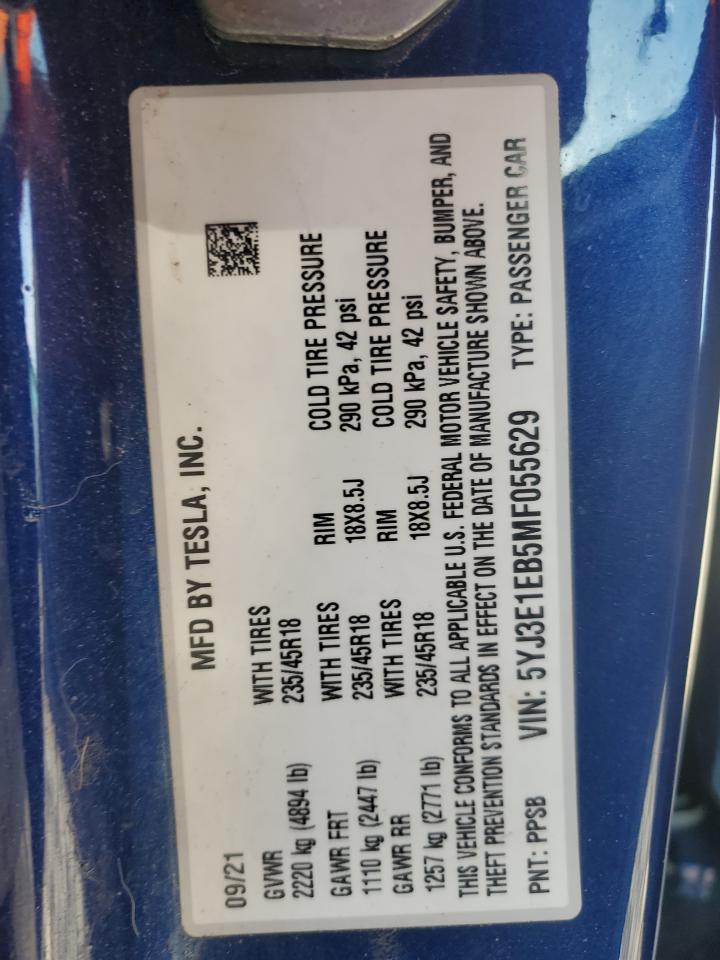 2021 Tesla Model 3 VIN: 5YJ3E1EB5MF055629 Lot: 84400035