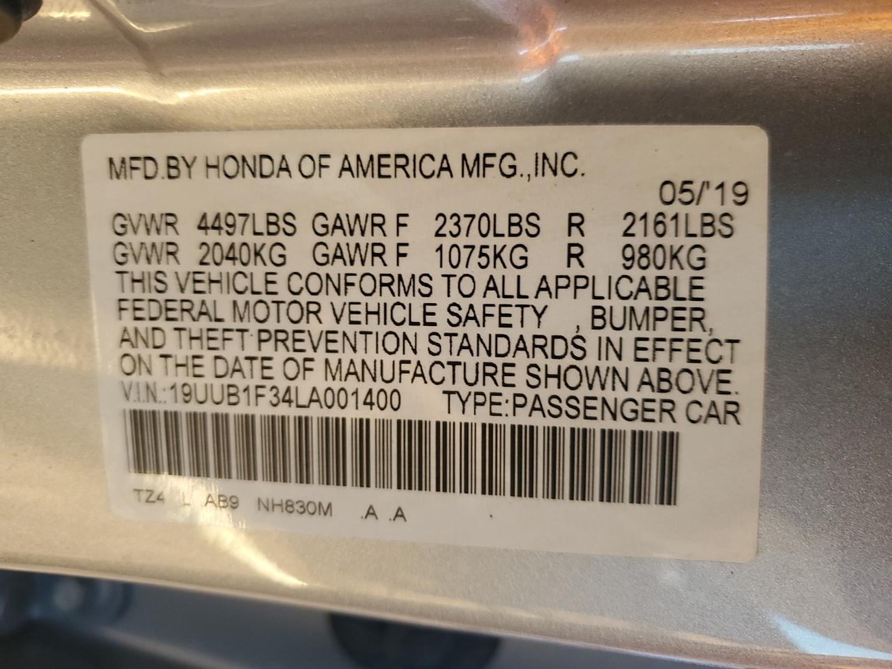 2020 Acura Tlx VIN: 19UUB1F34LA001400 Lot: 90991425