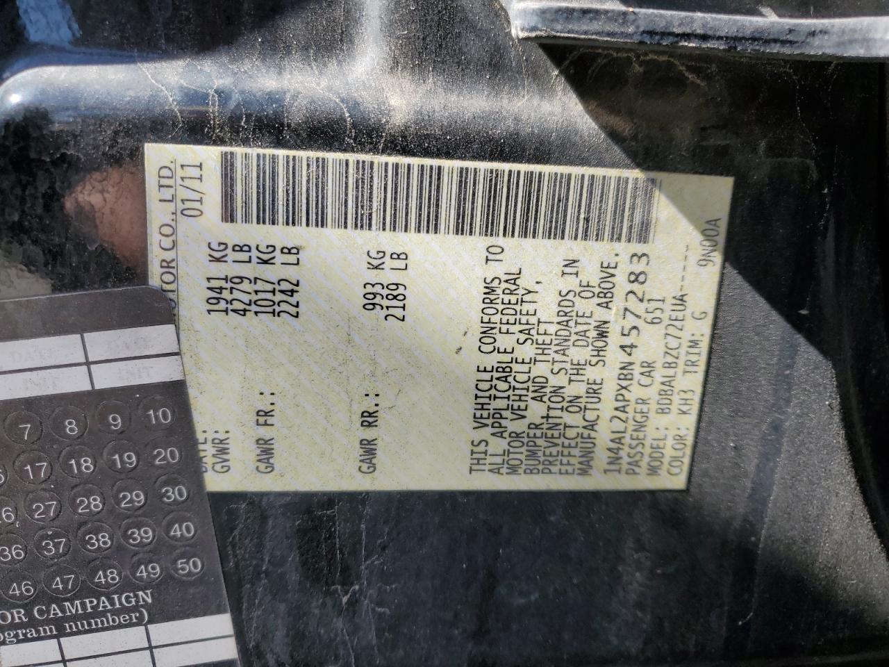 2011 Nissan Altima Base VIN: 1N4AL2APXBN457283 Lot: 84710735