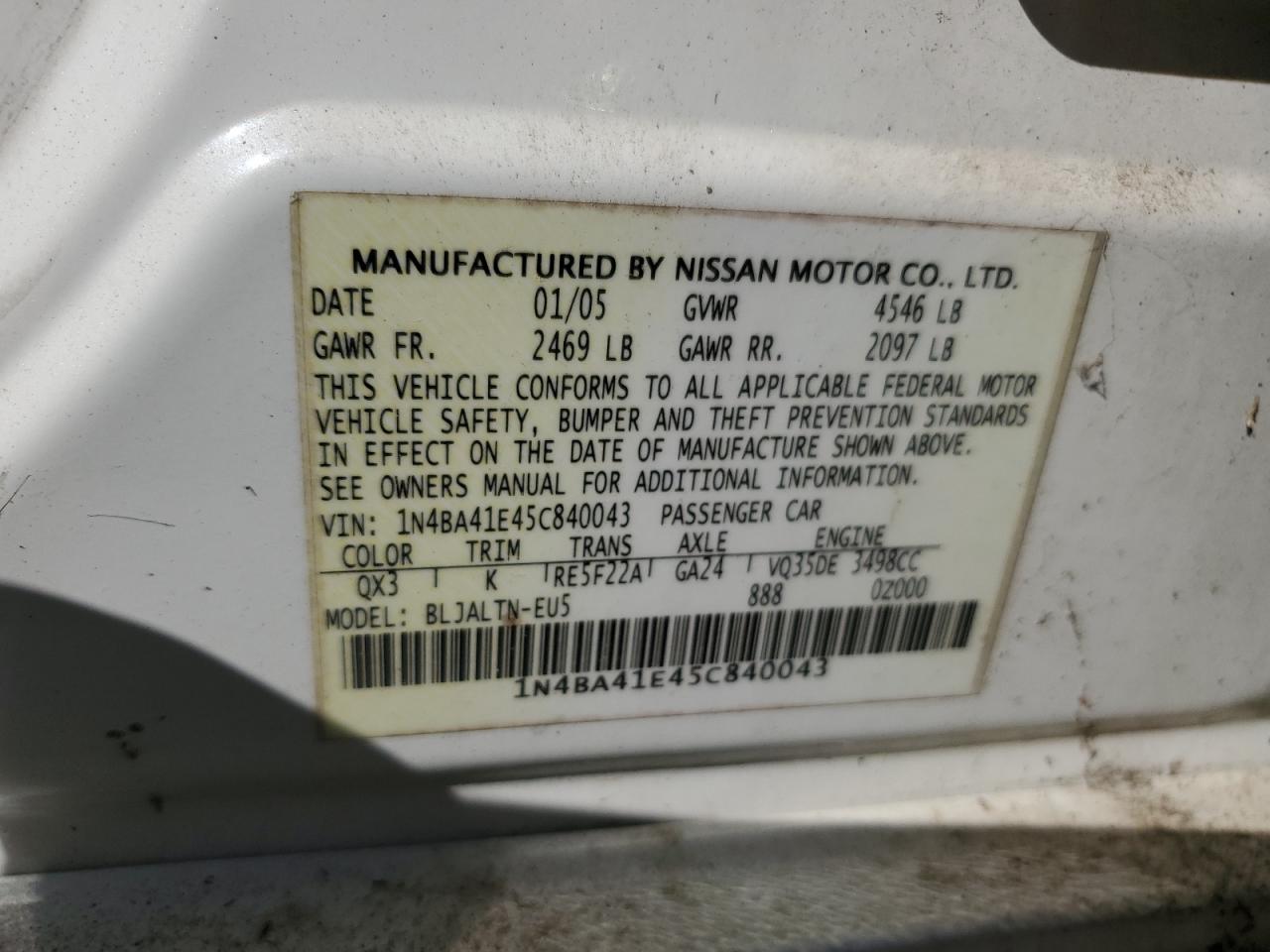 2005 Nissan Maxima Se VIN: 1N4BA41E45C840043 Lot: 85075945