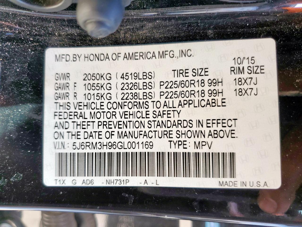 2016 Honda Cr-V Touring VIN: 5J6RM3H96GL001169 Lot: 85364545