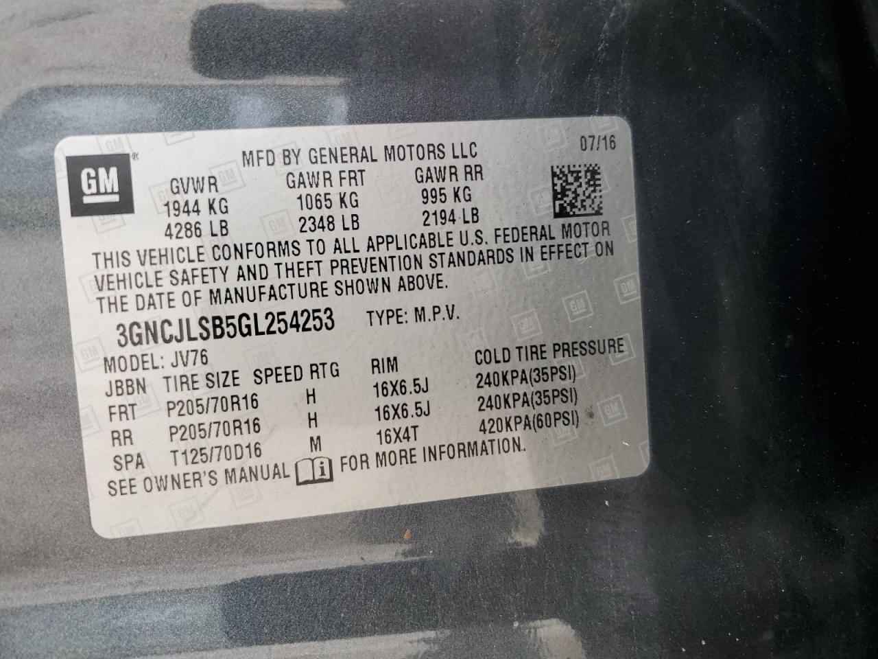 2016 Chevrolet Trax 1Lt VIN: 3GNCJLSB5GL254253 Lot: 81920775