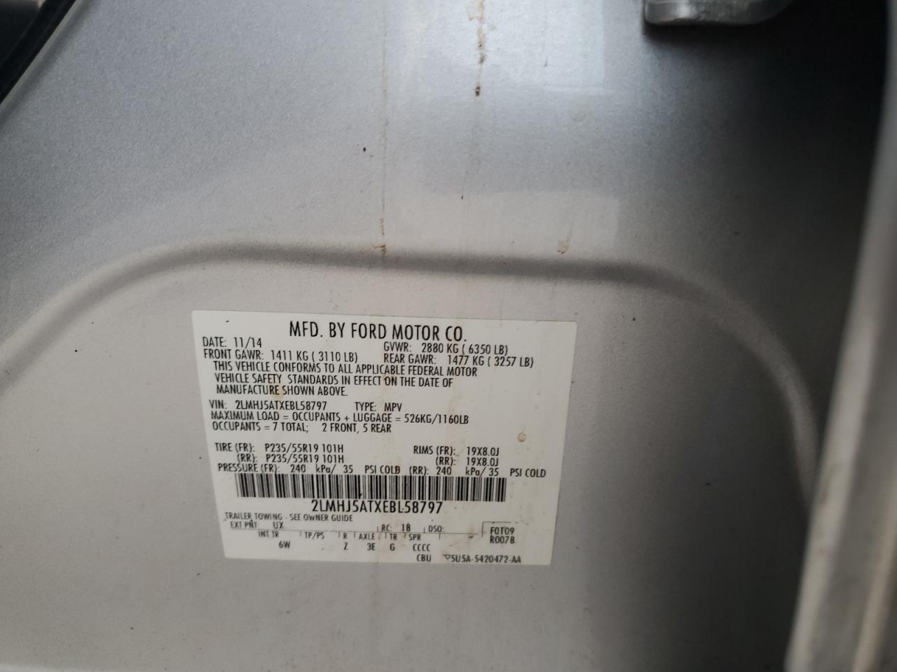 2014 Lincoln Mkt VIN: 2LMHJ5ATXEBL58797 Lot: 86784845