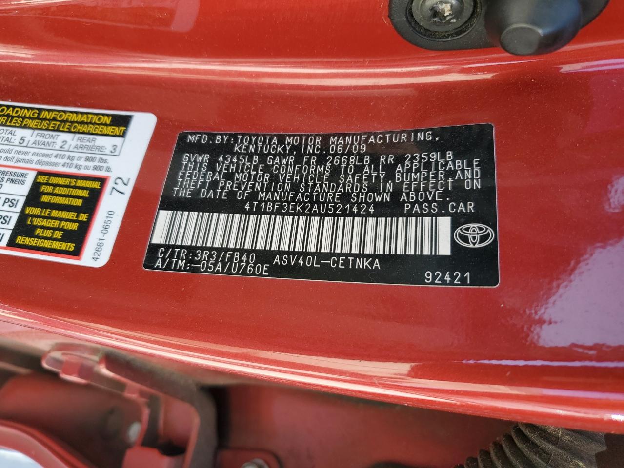 2010 Toyota Camry Base VIN: 4T1BF3EK2AU521424 Lot: 84209465
