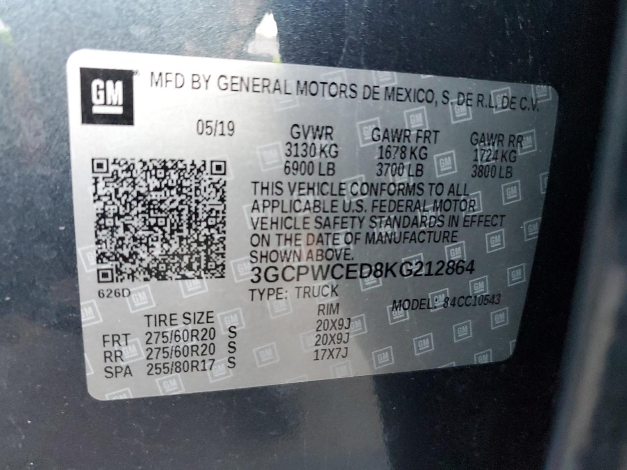 2019 Chevrolet Silverado C1500 Lt VIN: 3GCPWCED8KG212864 Lot: 82429385