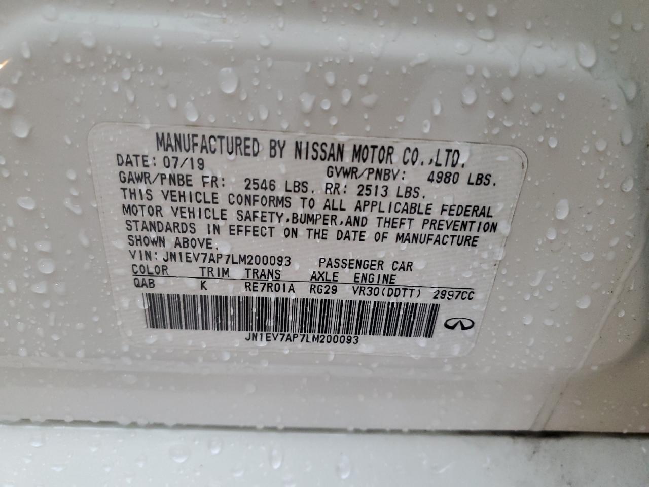 2020 Infiniti Q50 Pure VIN: JN1EV7AP7LM200093 Lot: 90698235