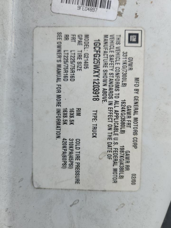 2000 Chevrolet Express G2500 VIN: 1GCFG25WXY1203918 Lot: 85143135