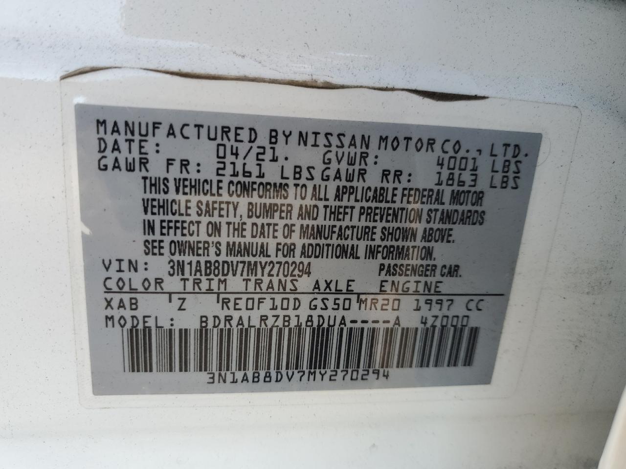 2021 Nissan Sentra VIN: 3N1AB8DV7MY270294 Lot: 81948135