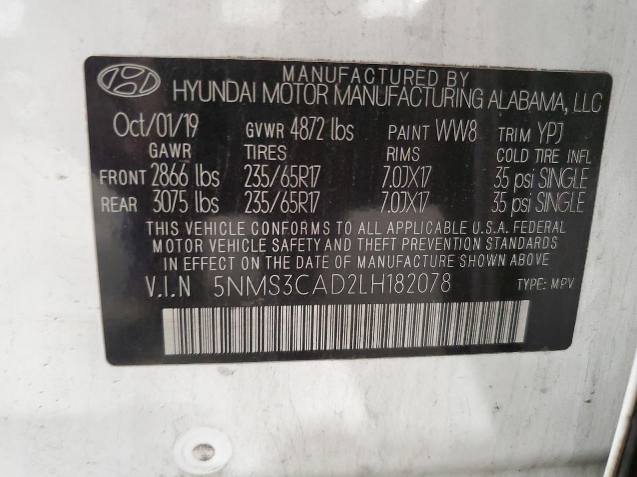 2020 Hyundai Santa Fe Sel VIN: 5NMS3CAD2LH182078 Lot: 84910485