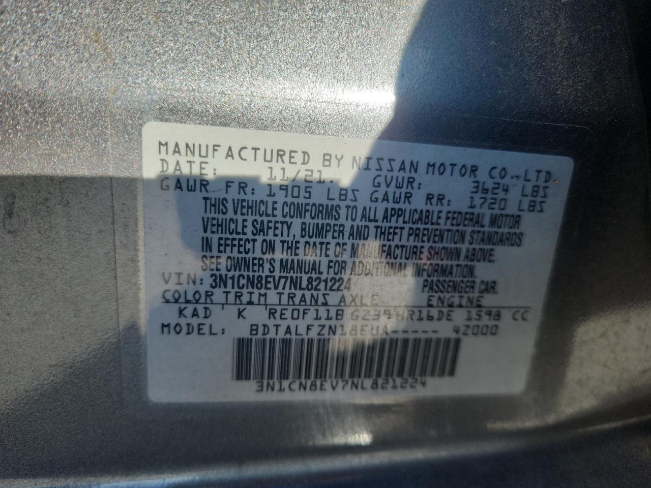 2022 Nissan Versa Sv VIN: 3N1CN8EV7NL821224 Lot: 89693715