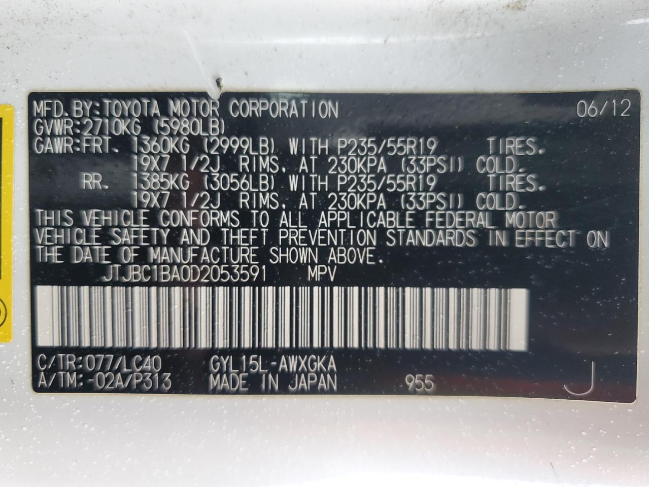 2013 Lexus Rx 450H VIN: JTJBC1BA0D2053591 Lot: 89927645