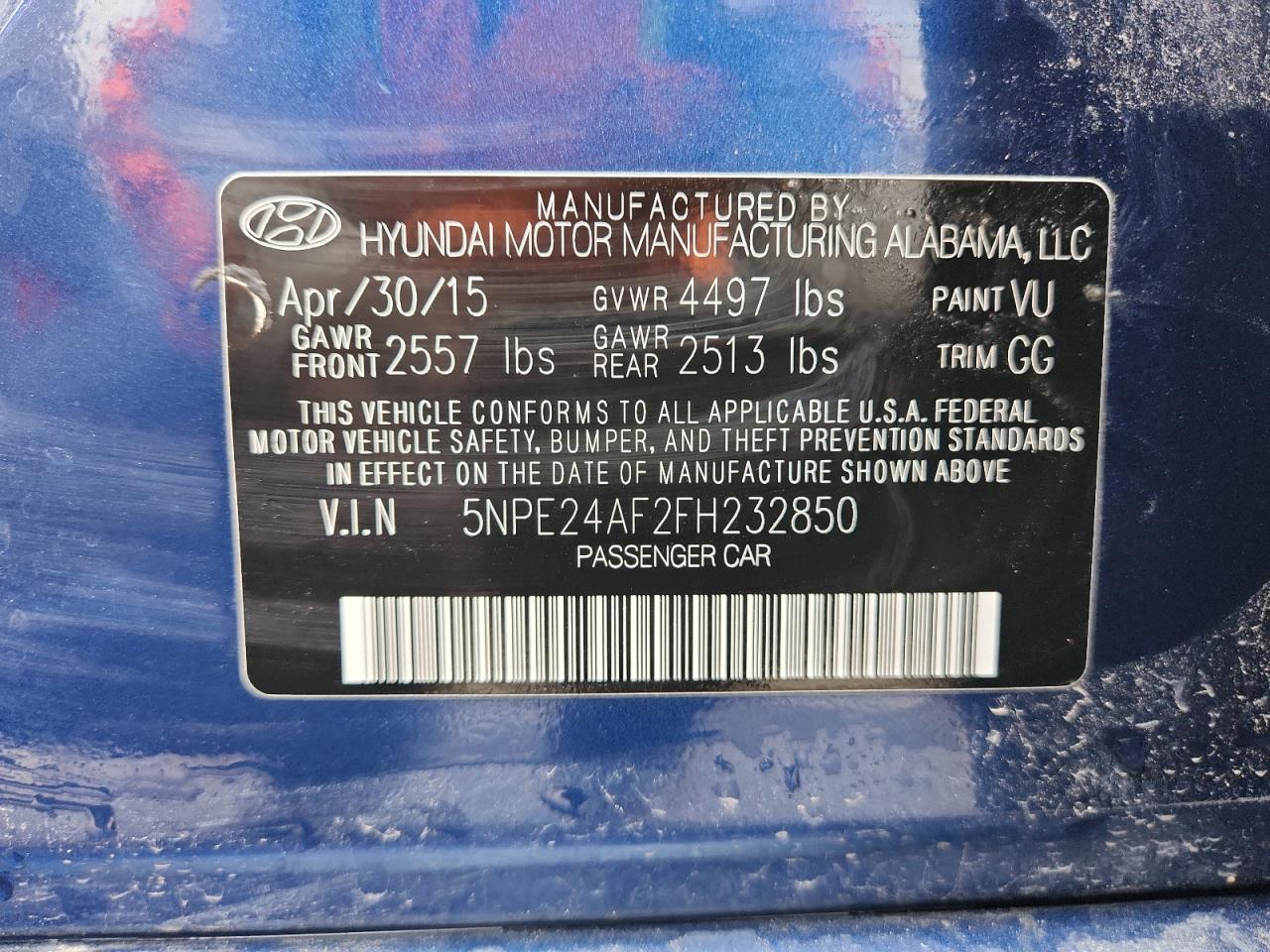 2015 Hyundai Sonata Se VIN: 5NPE24AF2FH232850 Lot: 86172675