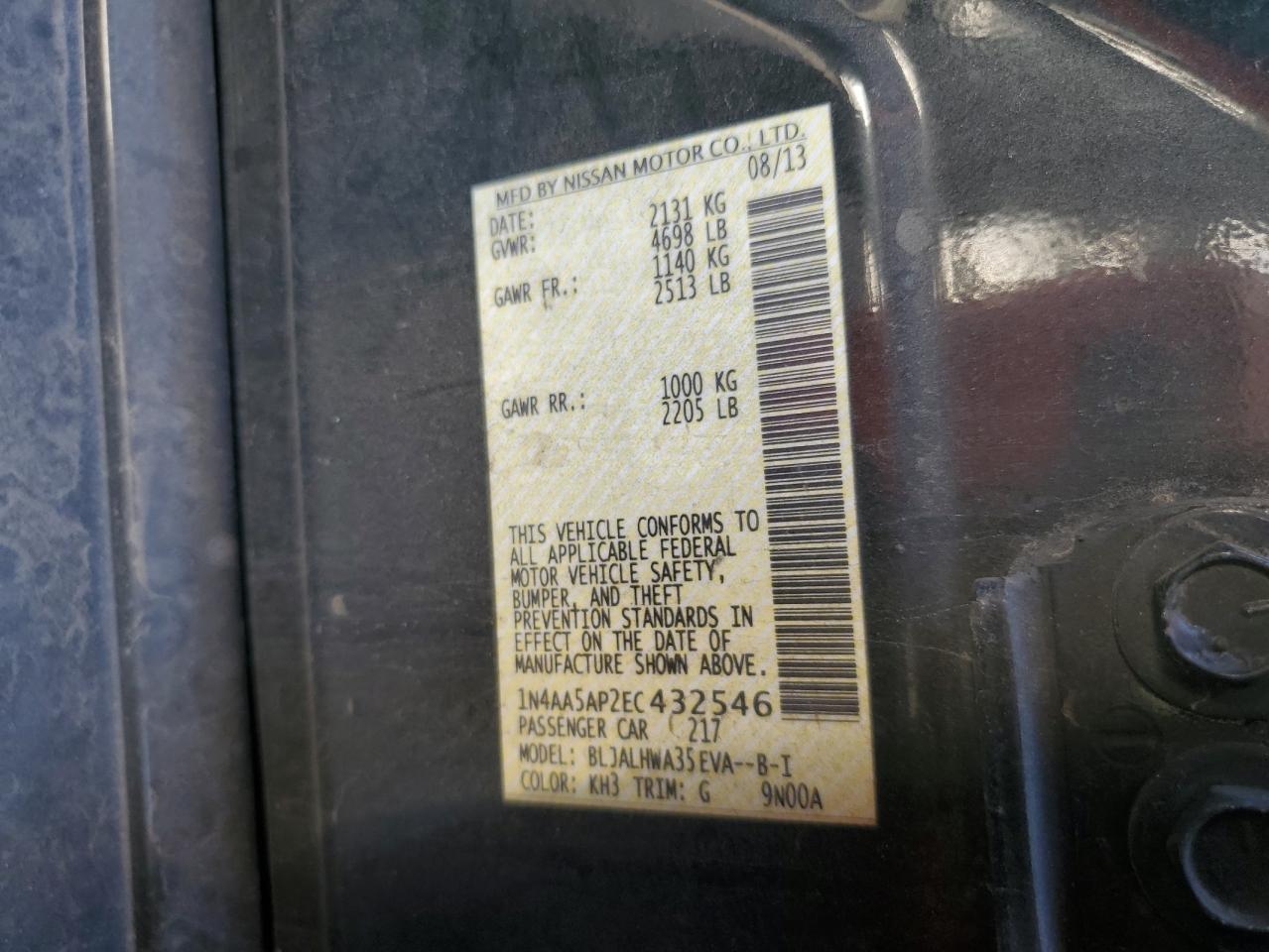 2014 Nissan Maxima S VIN: 1N4AA5AP2EC432546 Lot: 89903975