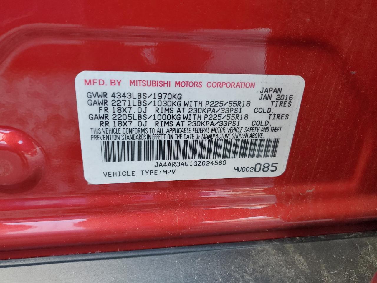 2016 Mitsubishi Outlander Sport Es VIN: JA4AR3AU1GZ024580 Lot: 87436305