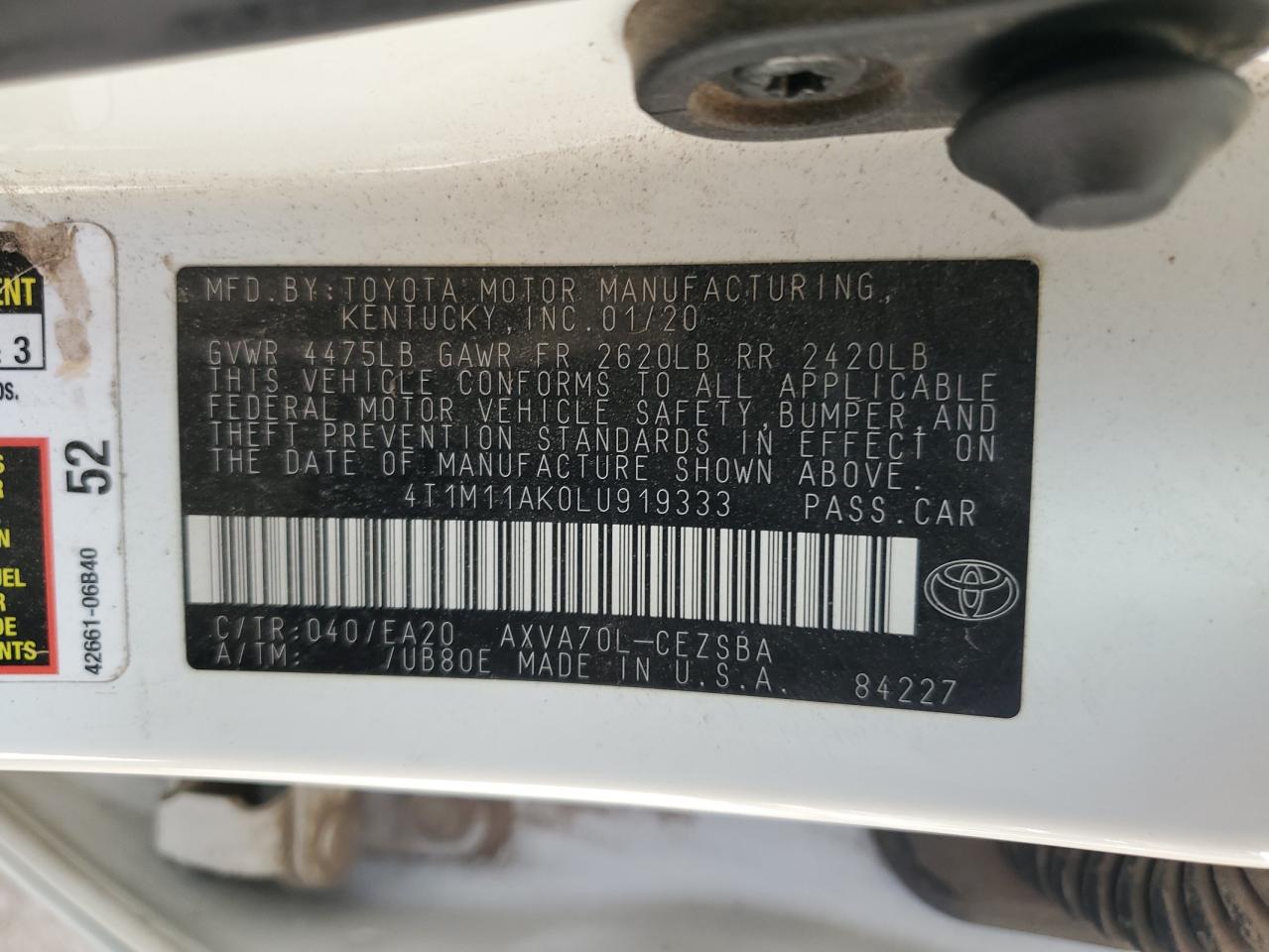 2020 Toyota Camry Se VIN: 4T1M11AK0LU919333 Lot: 87093845