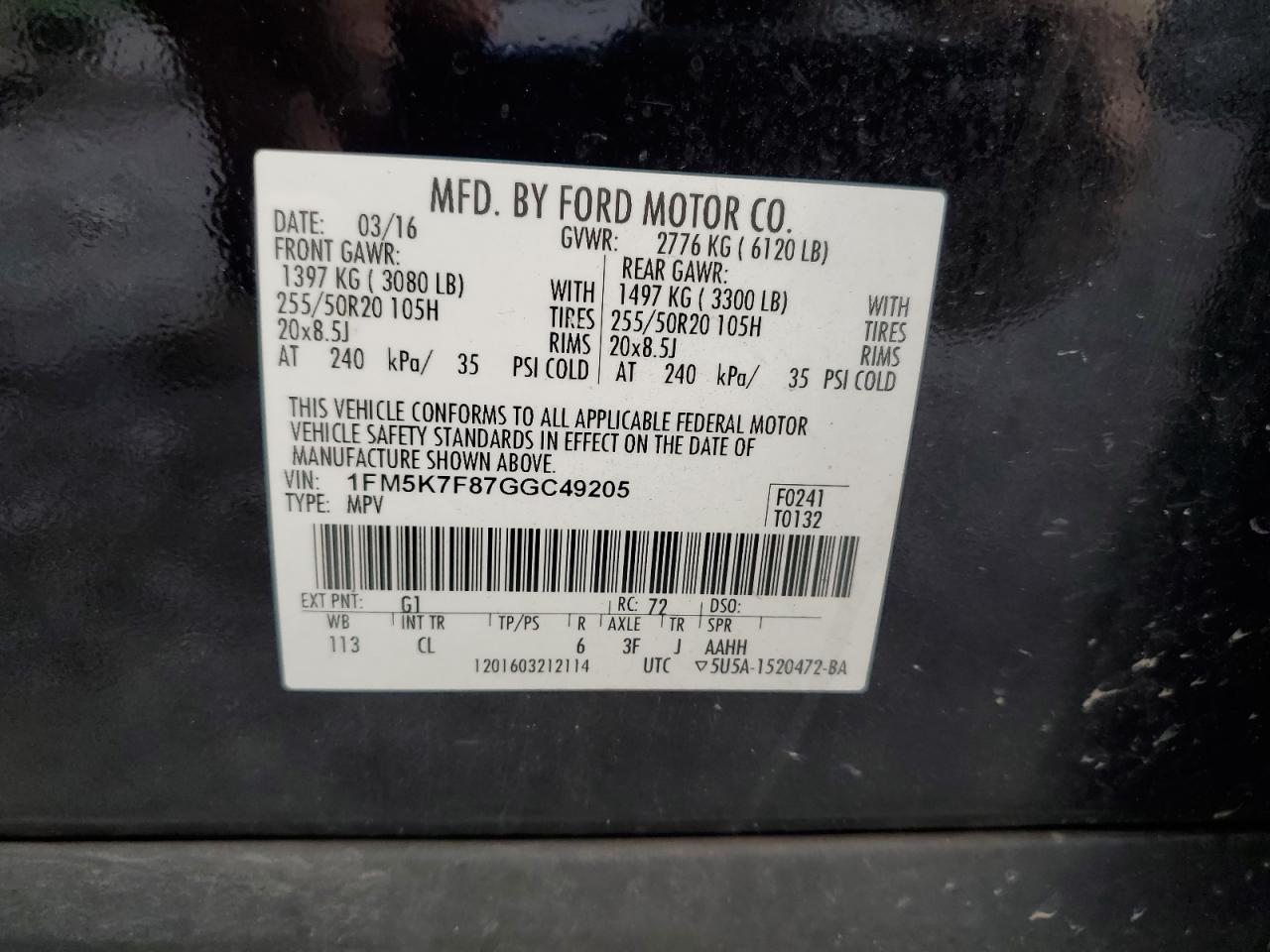 2016 Ford Explorer Limited VIN: 1FM5K7F87GGC49205 Lot: 85083055