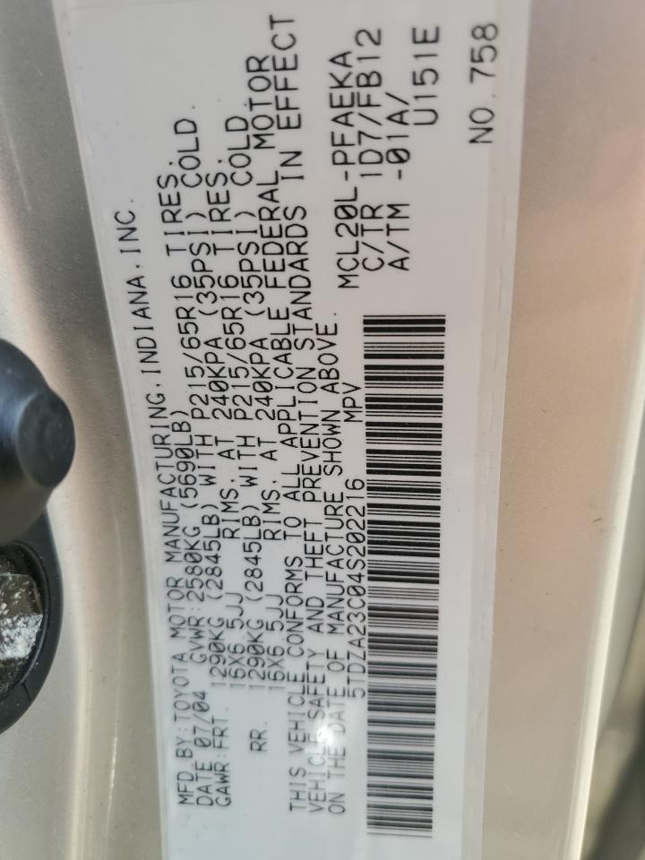 2004 Toyota Sienna Ce VIN: 5TDZA23C04S202216 Lot: 84899825