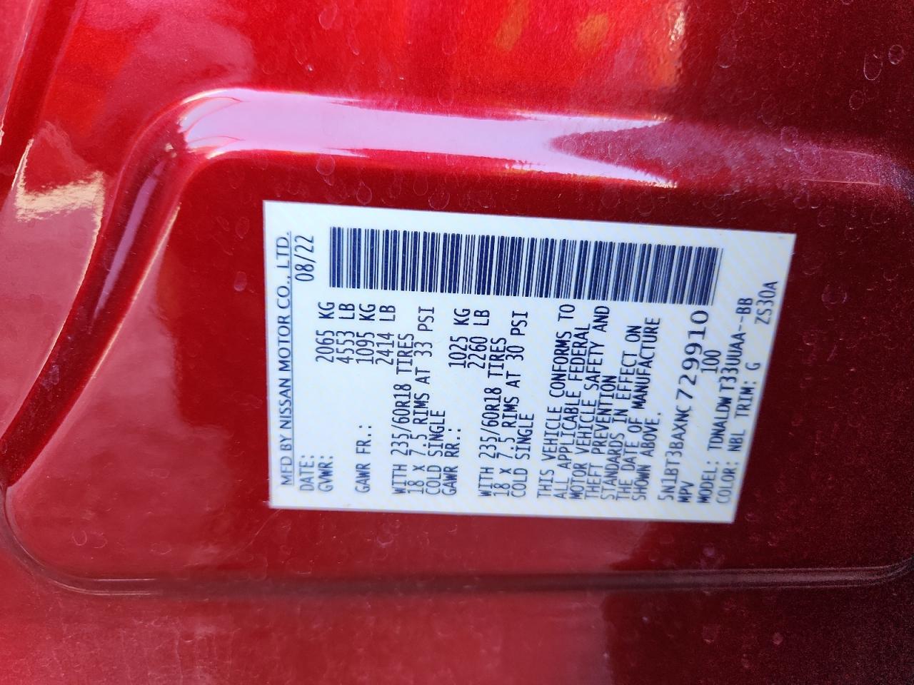 2022 Nissan Rogue Sv VIN: 5N1BT3BAXNC729910 Lot: 90481795