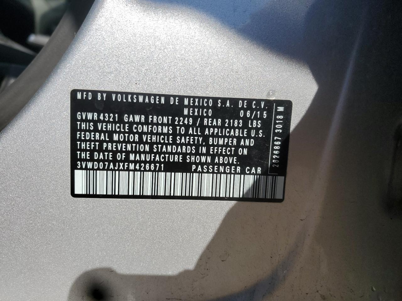 2015 Volkswagen Jetta Se VIN: 3VWD07AJXFM426671 Lot: 84921475