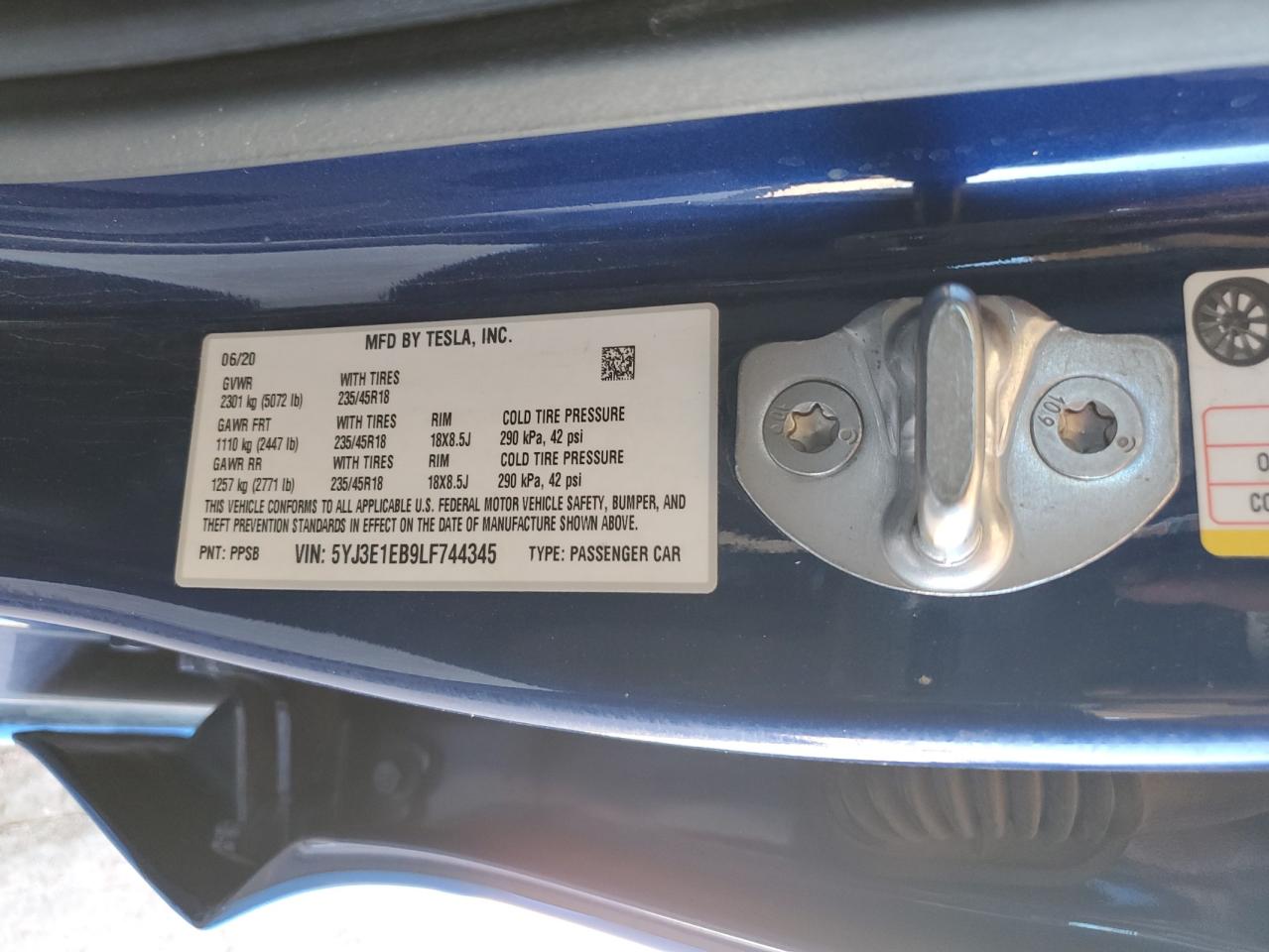 2020 Tesla Model 3 VIN: 5YJ3E1EB9LF744345 Lot: 84710525