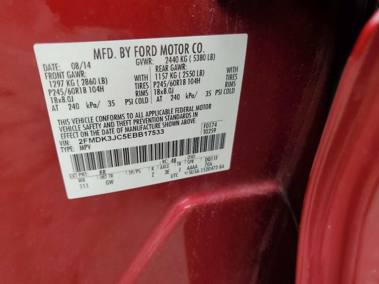 2014 Ford Edge Sel VIN: 2FMDK3JC5EBB17533 Lot: 86857965