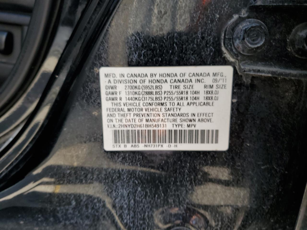 2011 Acura Mdx Technology VIN: 2HNYD2H61BH549131 Lot: 90874865